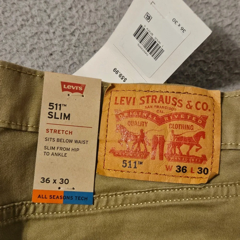 Levis 511 Slim Fit All Seasons Tech Stretch Pants Khaki Tan 36x30 045113376 NWT